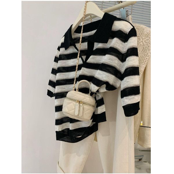 寬鬆條紋針織上衣(黑色,M-XL碼)【下單後請聯絡客服確認發貨尺碼】#F197003003