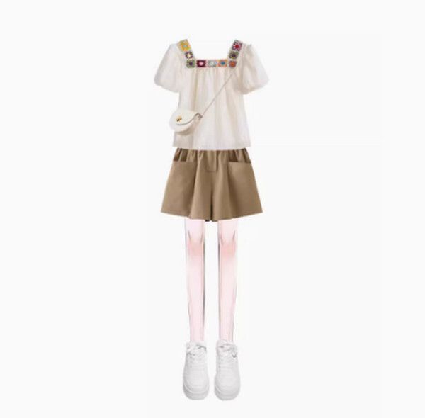 夏裝休閒女士套装（杏色上衣+卡其色短褲S-3XL）（下單後聯絡客服確認發貨尺碼）#F350001044