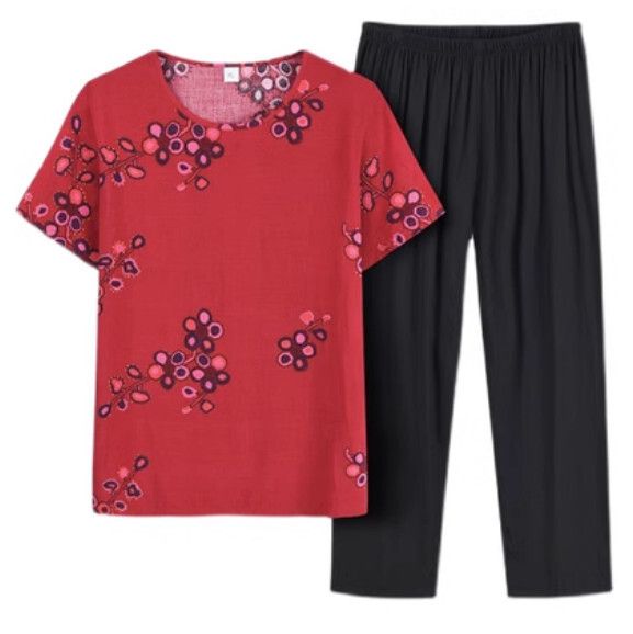夏季中老年兩件套套裝（棗紅色）【尺碼：XL-4XL】【下單後聯絡客服確認發貨尺碼】F203013051
