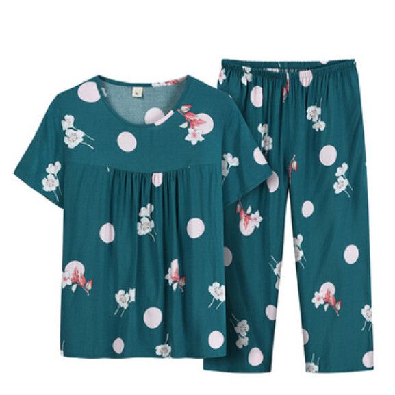 夏季中老年綿綢套裝（深綠喇叭花）【尺碼：XL-4XL】【下單後聯絡客服確認發貨尺碼】F203013162