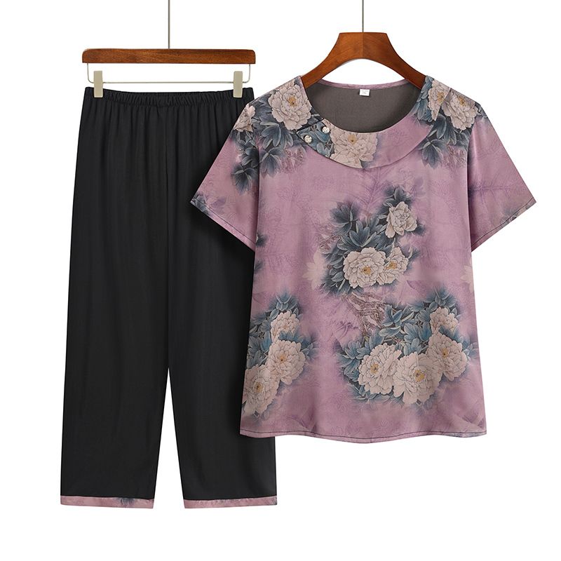 中老年媽媽短袖套裝(XL-4XL碼 1號色）【下單後請聯絡客服確認發貨尺碼】F001099369