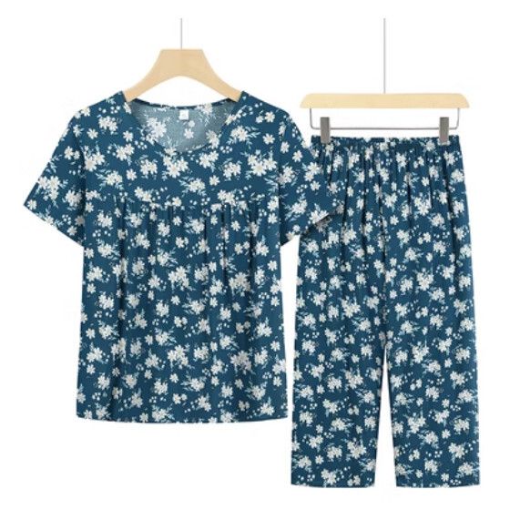 夏季中老年綿綢套裝（藍綠底菊花）【尺碼：XL-4XL】【下單後聯絡客服確認發貨尺碼】F203013251