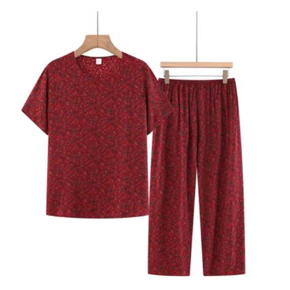 夏季中老年棉麻套裝（紅色碎花）【尺碼：XL-3XL】【下單後聯絡客服確認發貨尺碼】F203013139
