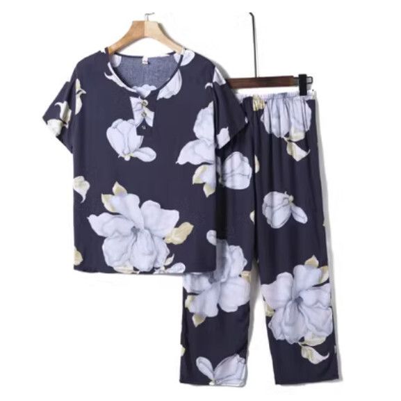 夏季中老年綿綢套裝（深藍大花）【尺碼：XL-4XL】【下單後聯絡客服確認發貨尺碼】F203013066