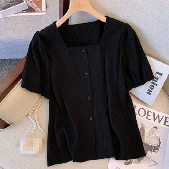 方領泡泡袖襯衫【黑色】【L-4XL碼】（下單後請聯絡客服確認發貨尺碼）#K011003111