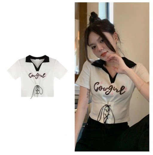 polo衫綁帶正肩短袖T卹(白色,S-XL碼)【下單後請聯絡客服確認發貨尺碼】#F220012119