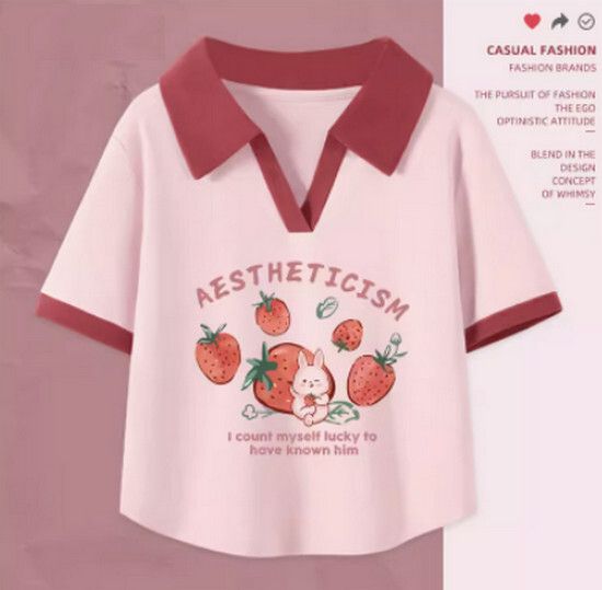 v領t恤polo衫【淺粉色（草莓兔）】【S-2XL碼】（下單後請聯絡客服確認發貨尺碼）#K011002100